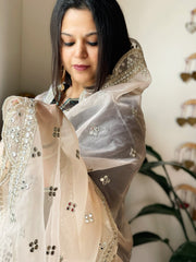 Peach Organza Dupatta with Foil Mirror Work - Masakalee