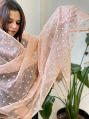 Peach Organza Dupatta with Pitta Work Butas and Gota Lace Border - Masakalee