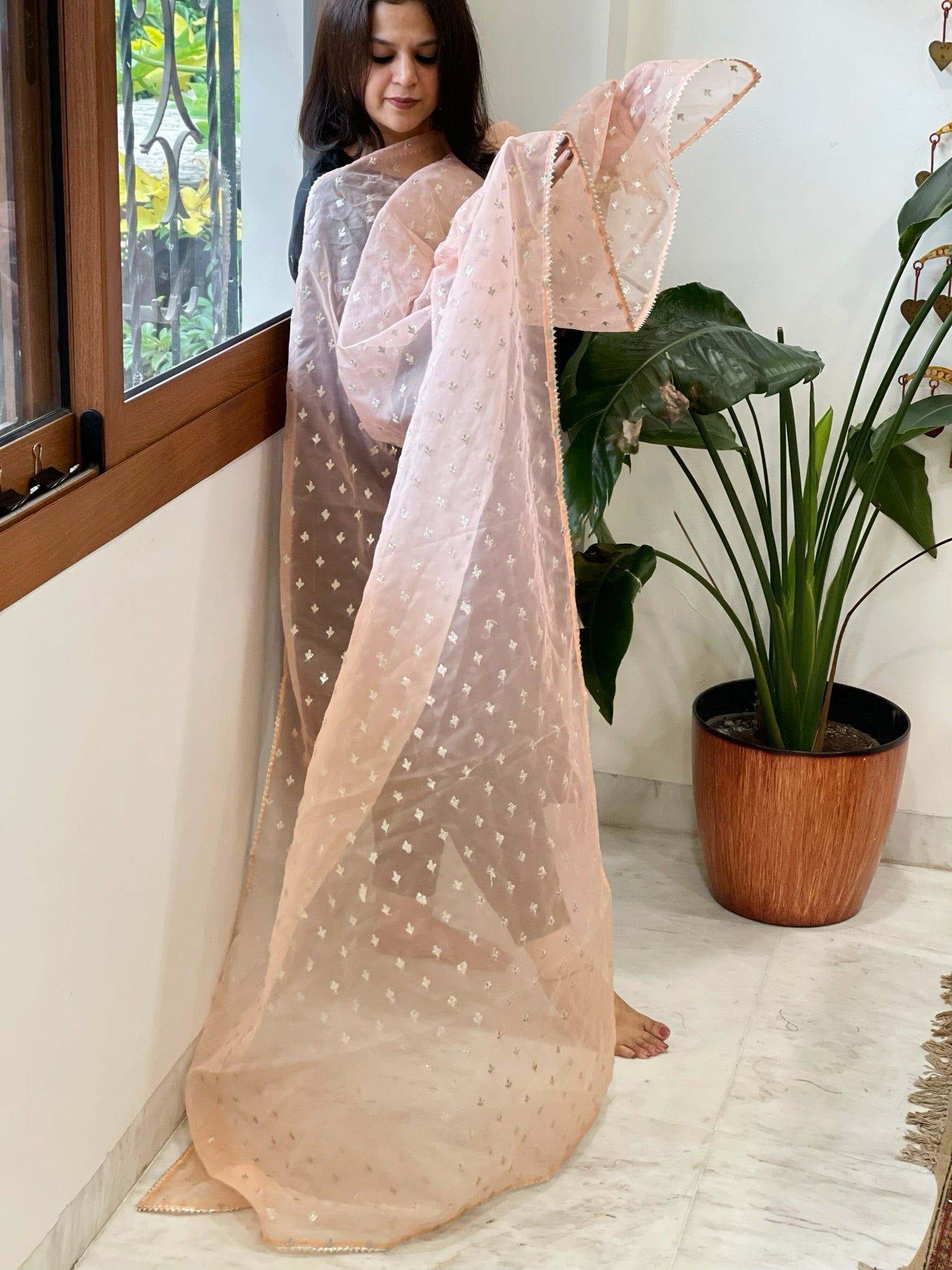 Peach Organza Dupatta with Pitta Work Butas and Gota Lace Border - Masakalee