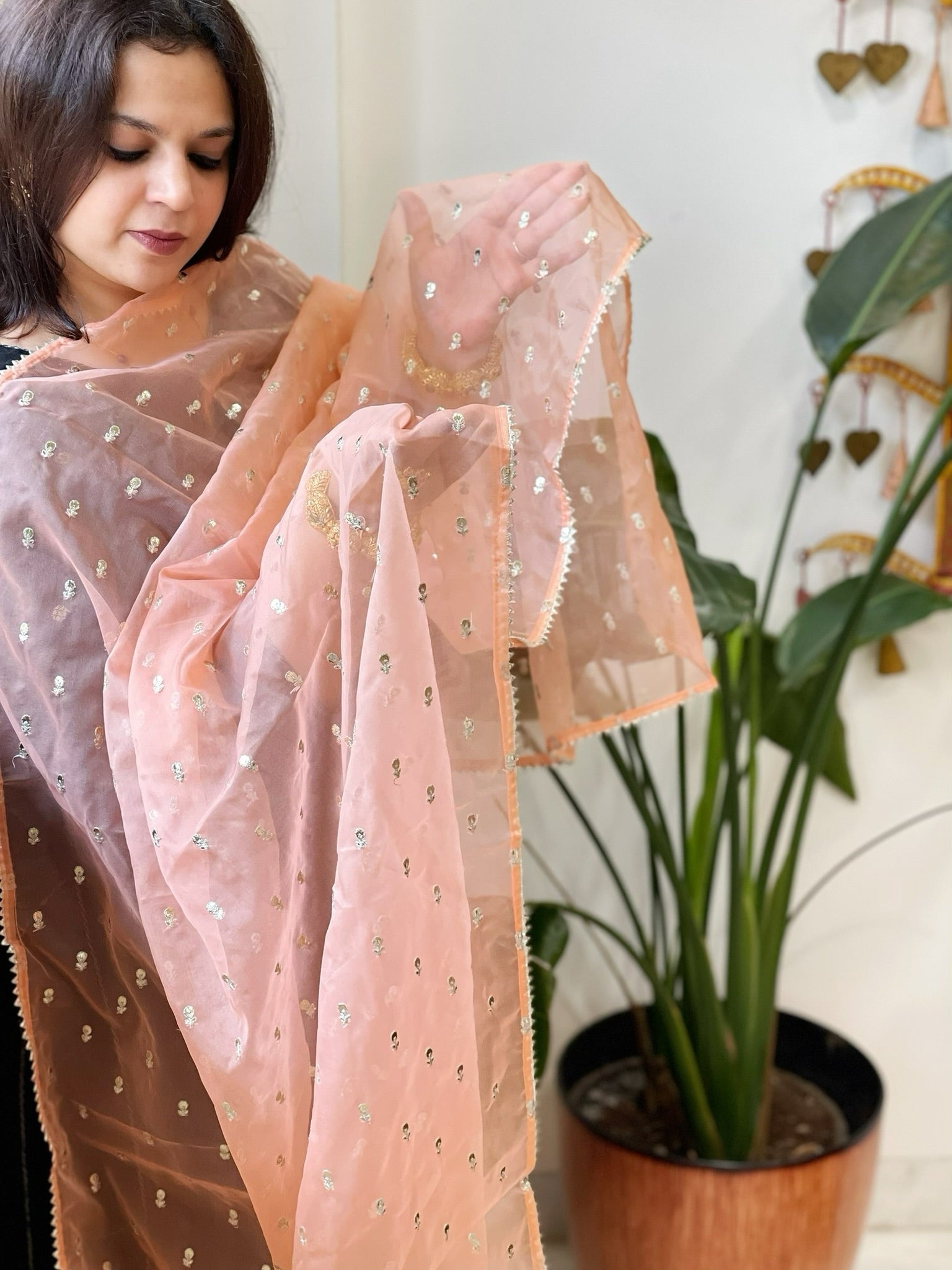 Peach Organza Dupatta with Pitta Work Butas and Gota Lace Border - Masakalee