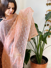Peach Organza Dupatta with Pitta Work Butas and Gota Lace Border - Masakalee