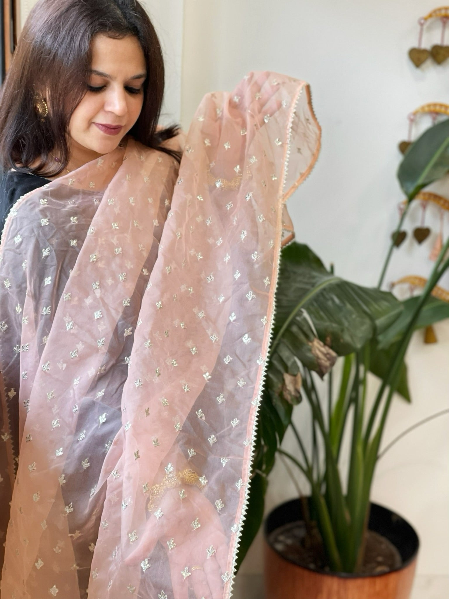 Peach Organza Dupatta with Pitta Work Butas and Gota Lace Border - Masakalee