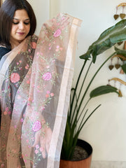 Peach Organza Dupatta with Thread Embroidery - Masakalee