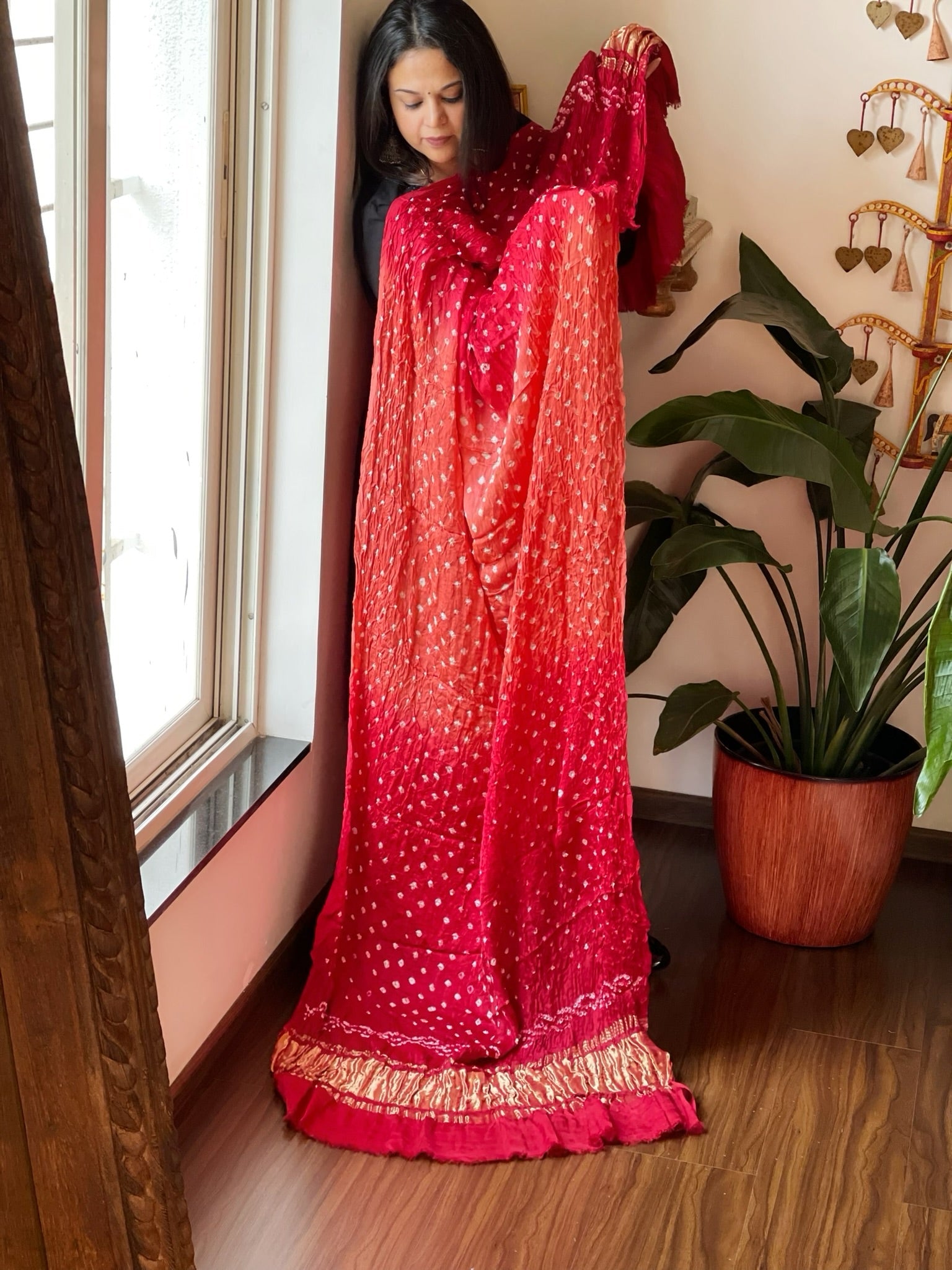 Peach, Red Bandhani Dupatta with Zari Pallu in Modal Silk - Masakalee