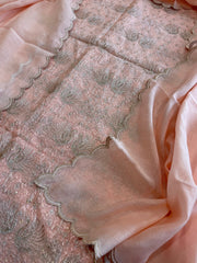 Peach Suit Set with Gold Thread Embroidery in Pure Mul - Masakalee