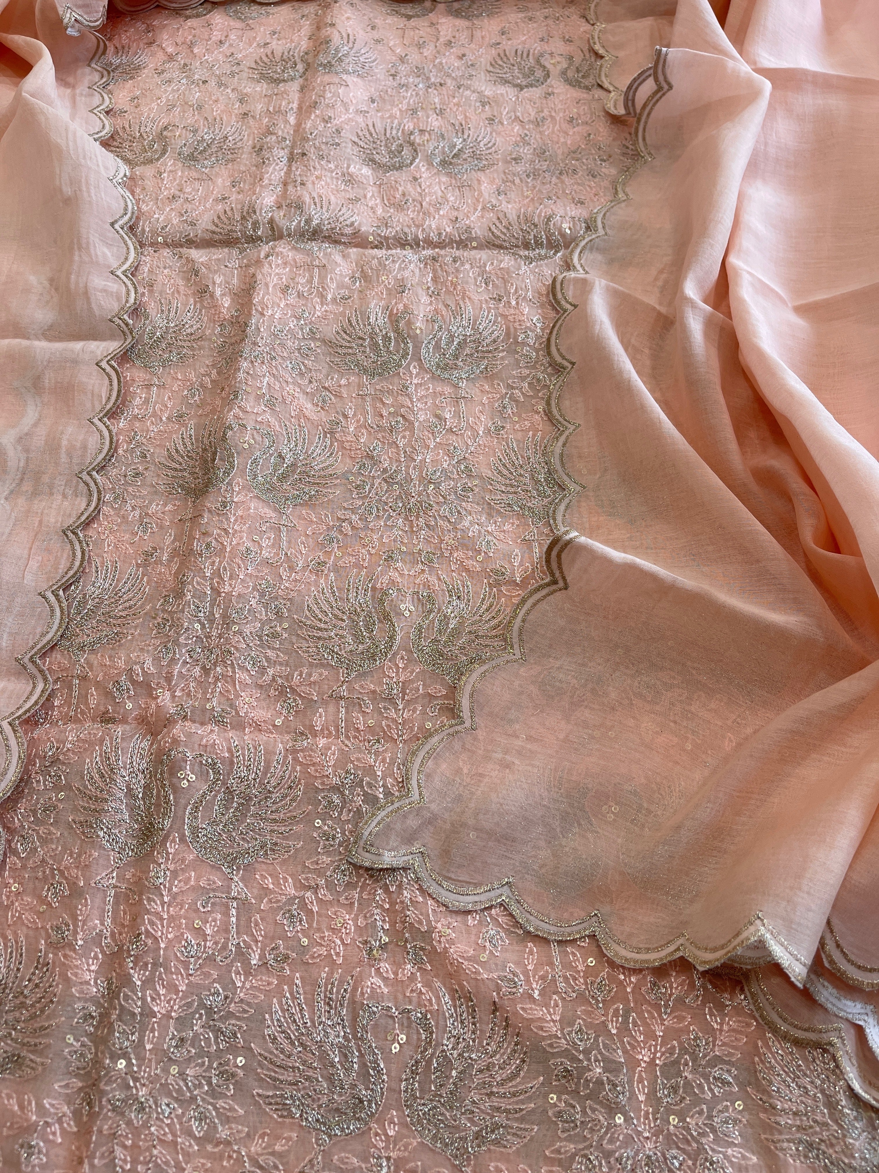 Peach Suit Set with Gold Thread Embroidery in Pure Mul - Masakalee