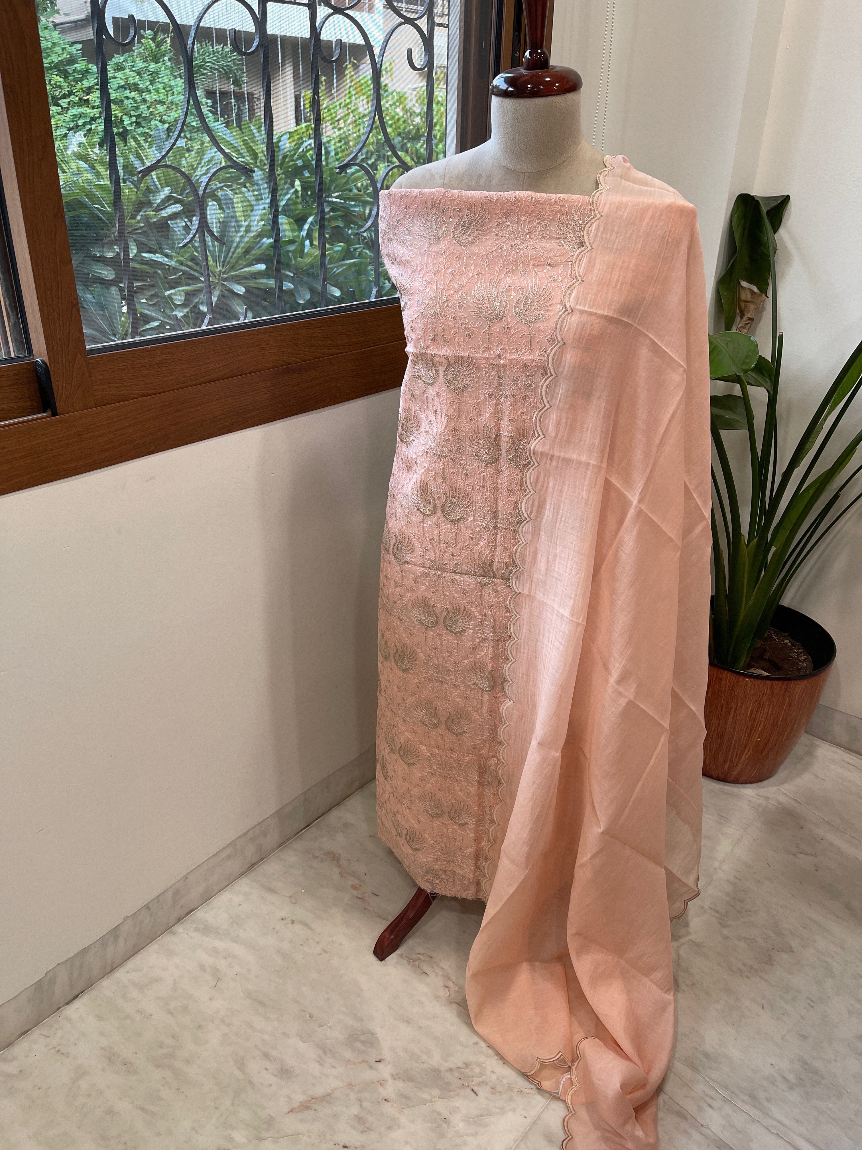 Peach Suit Set with Gold Thread Embroidery in Pure Mul - Masakalee