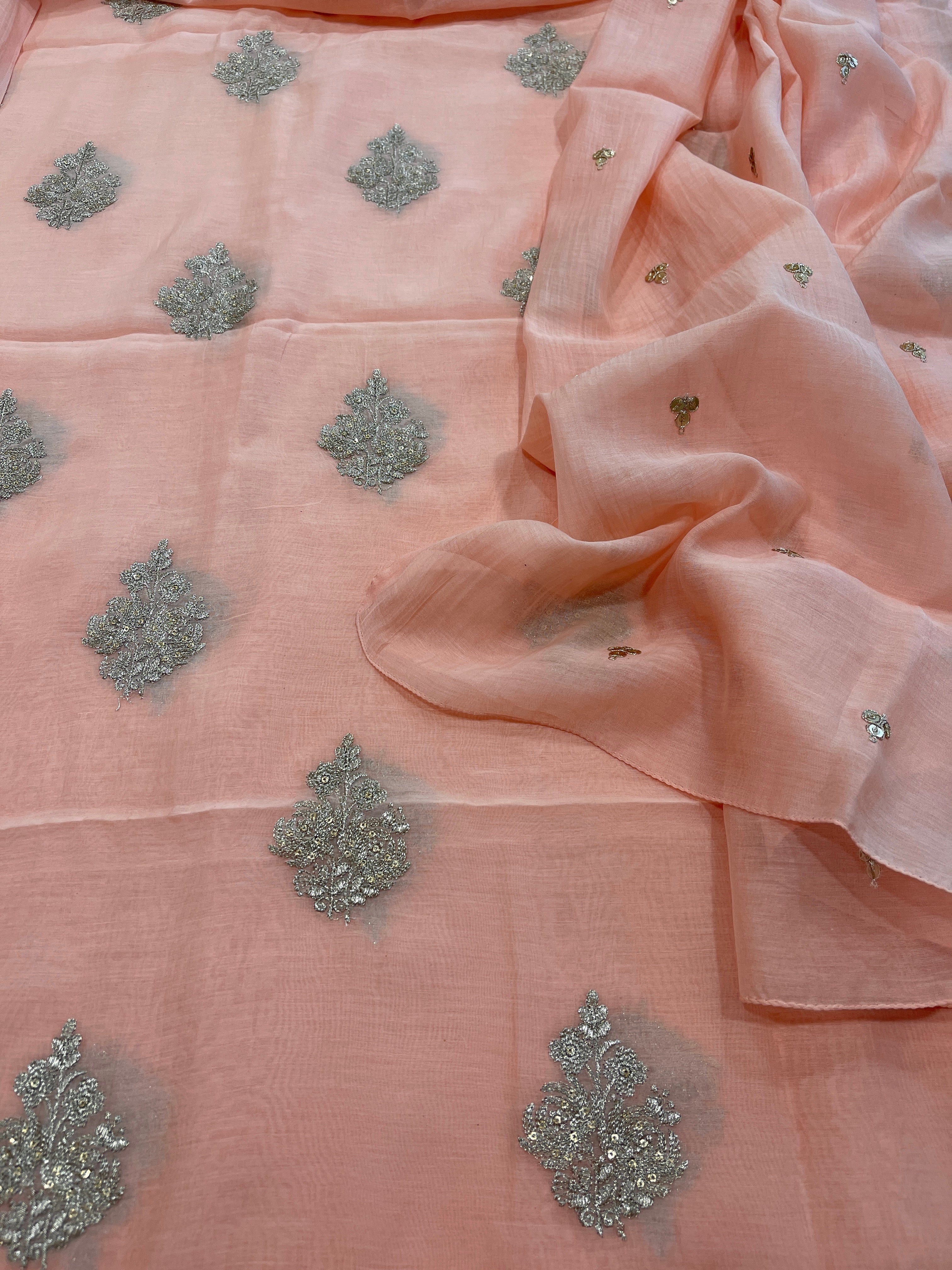 Peach Suit Set with Gold Thread & Sequin Work in Pure Mul - Masakalee