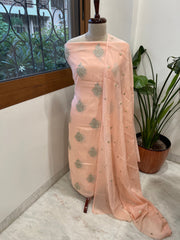 Peach Suit Set with Gold Thread & Sequin Work in Pure Mul - Masakalee