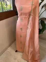 Peach Suit Set with Gold Thread & Sequin Work in Pure Mul - Masakalee