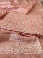 Peach Suit Set with Lucknowi Handwork in Pure Tussar Silk - Masakalee