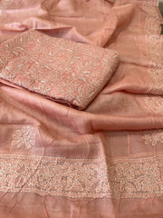 Peach Suit Set with Lucknowi Handwork in Pure Tussar Silk - Masakalee