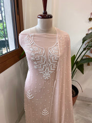 Peach Suit Set with Pearl and Thread Handwork in Georgette - Masakalee