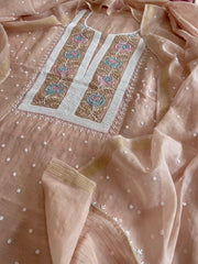 Peach Suit Set with Pearl, Cut Daana and Thread Handwork in Pure Mul Chanderi - Masakalee