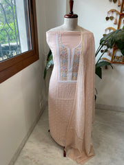 Peach Suit Set with Pearl, Cut Daana and Thread Handwork in Pure Mul Chanderi - Masakalee