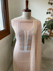 Peach Suit Set with Pearl, Cut Daana and Thread Handwork in Pure Mul Chanderi - Masakalee