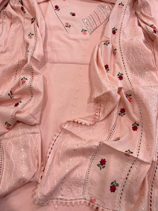 Peach Suit Set with Thread and Sequin Embroidery in Pure Cotton - Masakalee