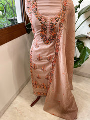 Peach Suit Set with Thread Embroidery in Mul Chanderi - Masakalee