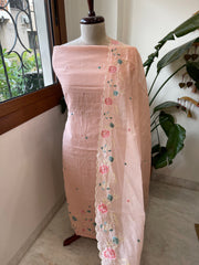 Peach Suit Set with Thread Embroidery in Mul Chanderi - Masakalee