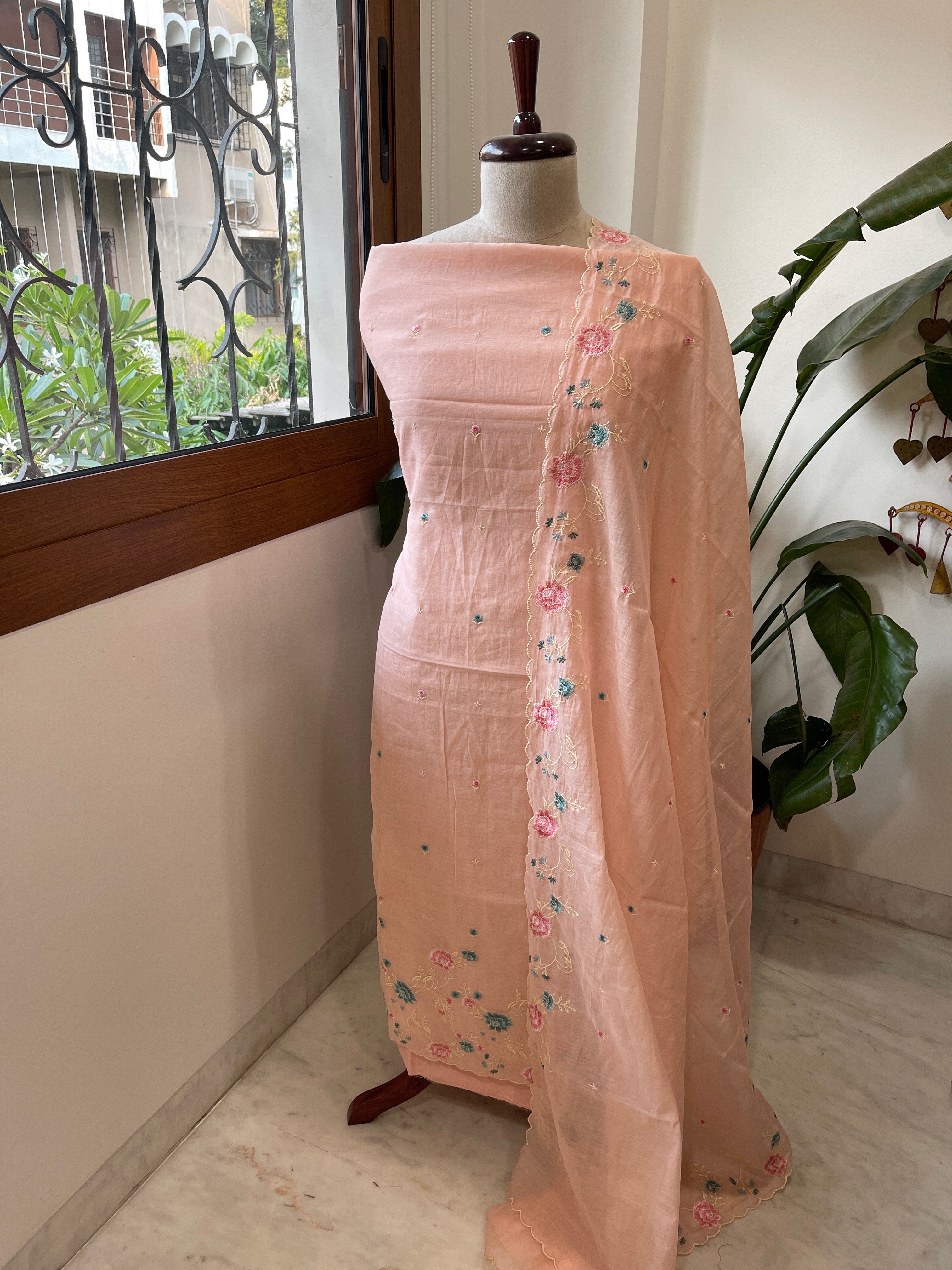 Peach Suit Set with Thread Embroidery in Mul Chanderi - Masakalee