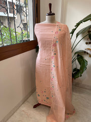 Peach Suit Set with Thread Embroidery in Mul Chanderi - Masakalee