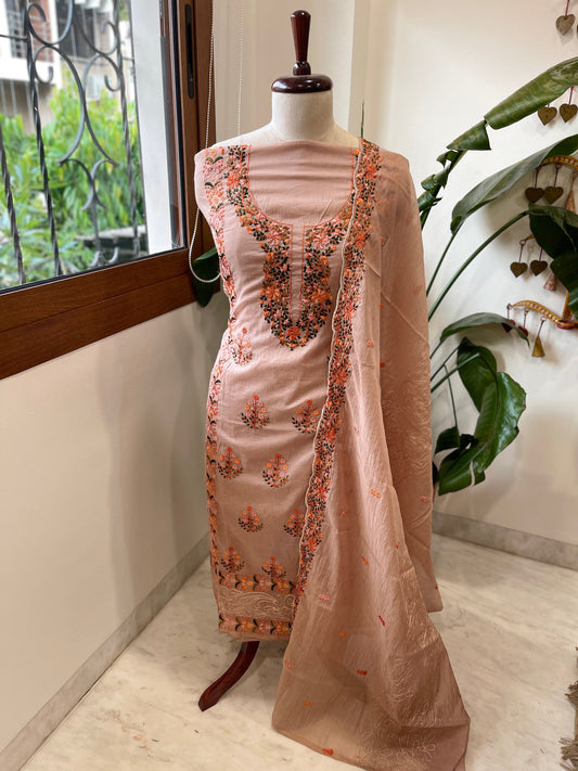 Peach Suit Set with Thread Embroidery in Mul Chanderi - Masakalee