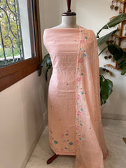 Peach Suit Set with Thread Embroidery in Mul Chanderi - Masakalee