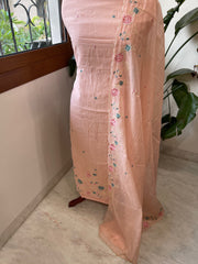 Peach Suit Set with Thread Embroidery in Mul Chanderi - Masakalee