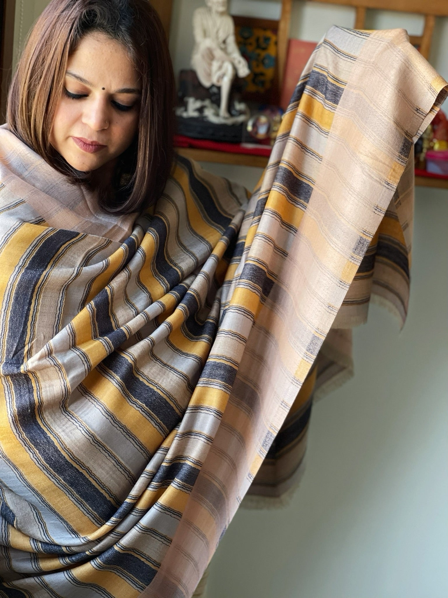 Peach Woven Pashmina Stripes Design Shawl - Masakalee