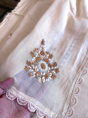 Peachish Beige Suit Set with Sequin ad Knot handwork in Mul Chanderi - Masakalee