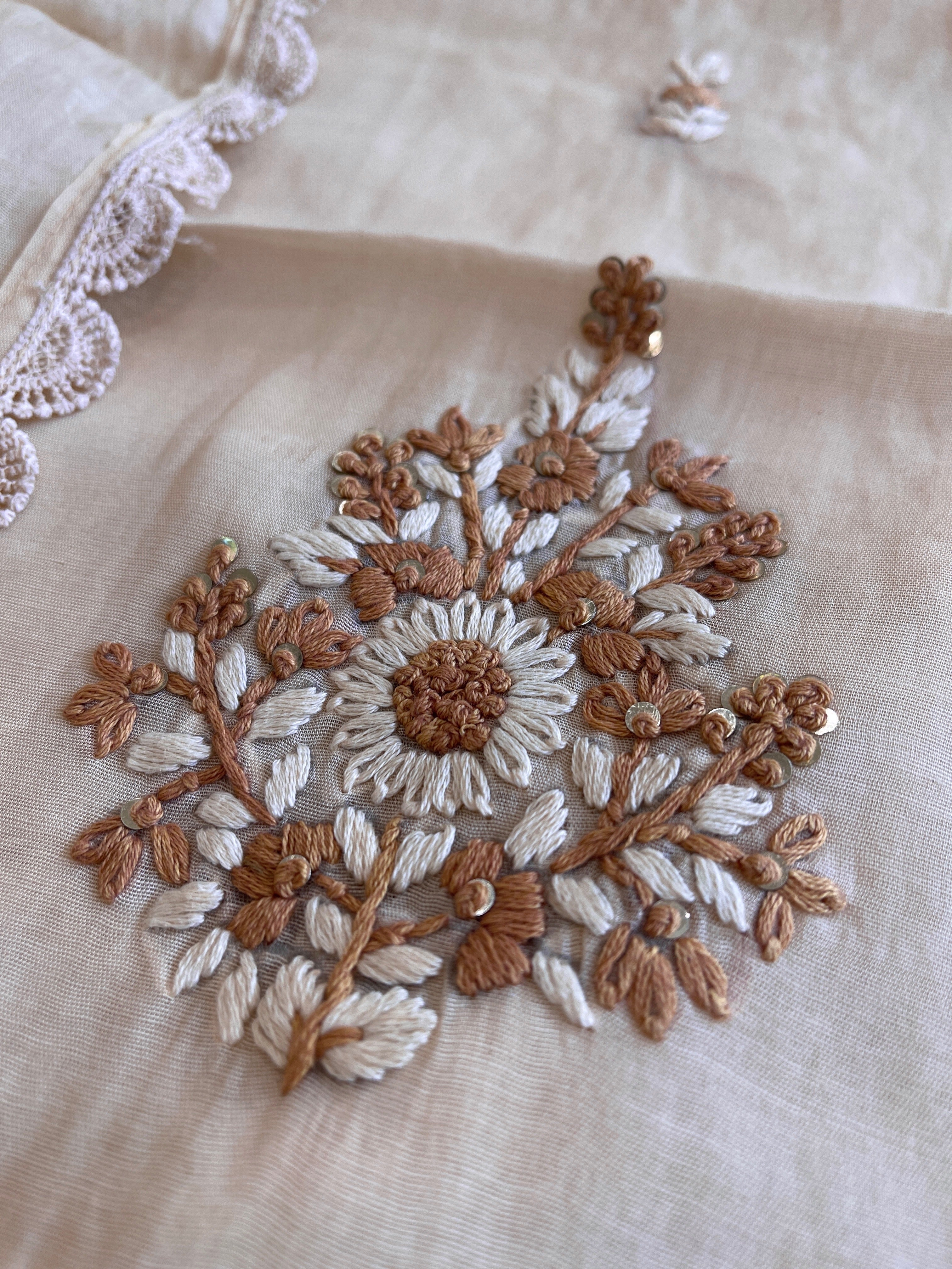 Peachish Beige Suit Set with Sequin ad Knot handwork in Mul Chanderi - Masakalee