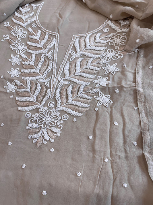 Peachish Gold Suit Set with Pearl and Thread Handwork in Georgette - Masakalee