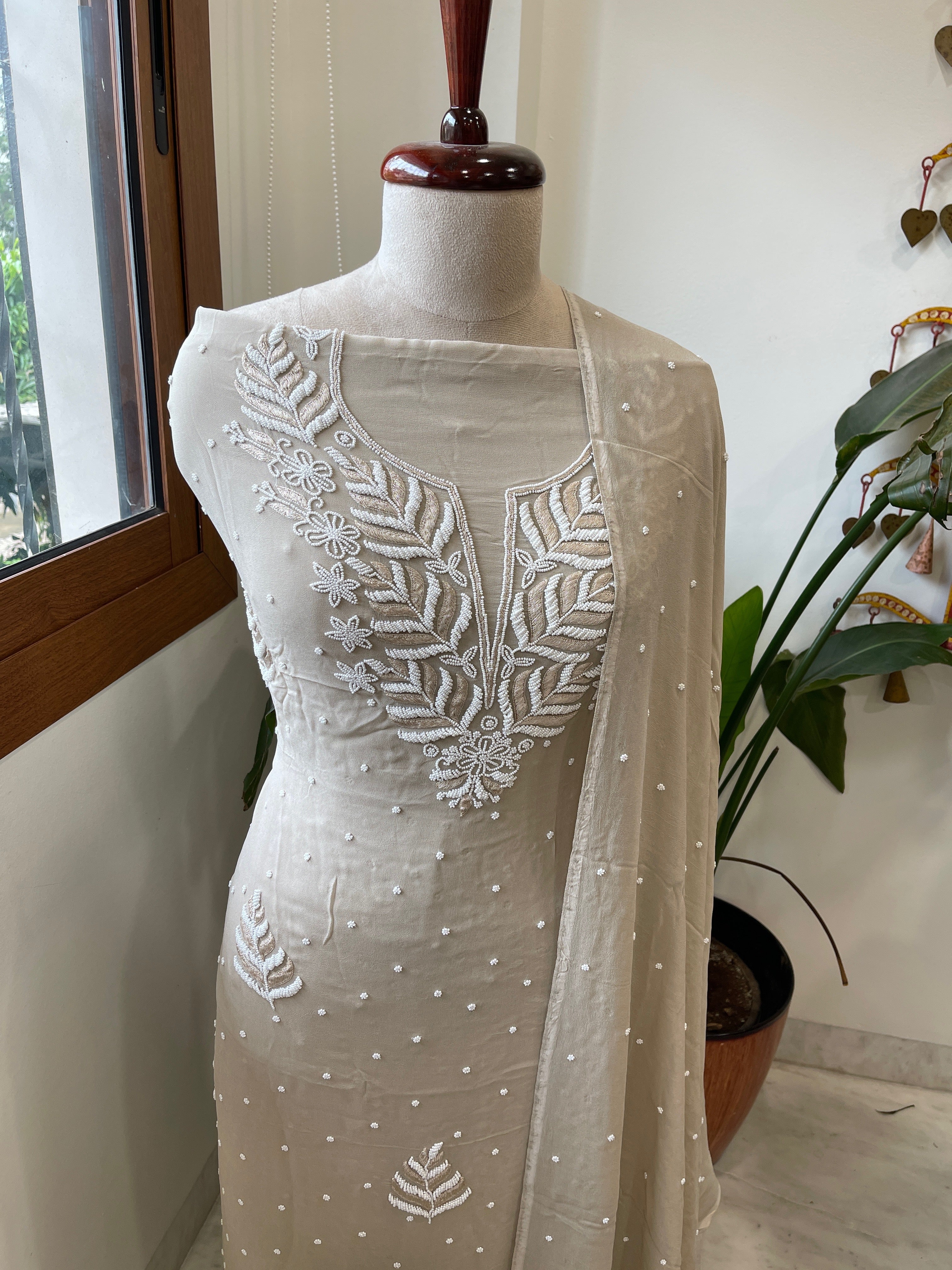 Peachish Gold Suit Set with Pearl and Thread Handwork in Georgette - Masakalee