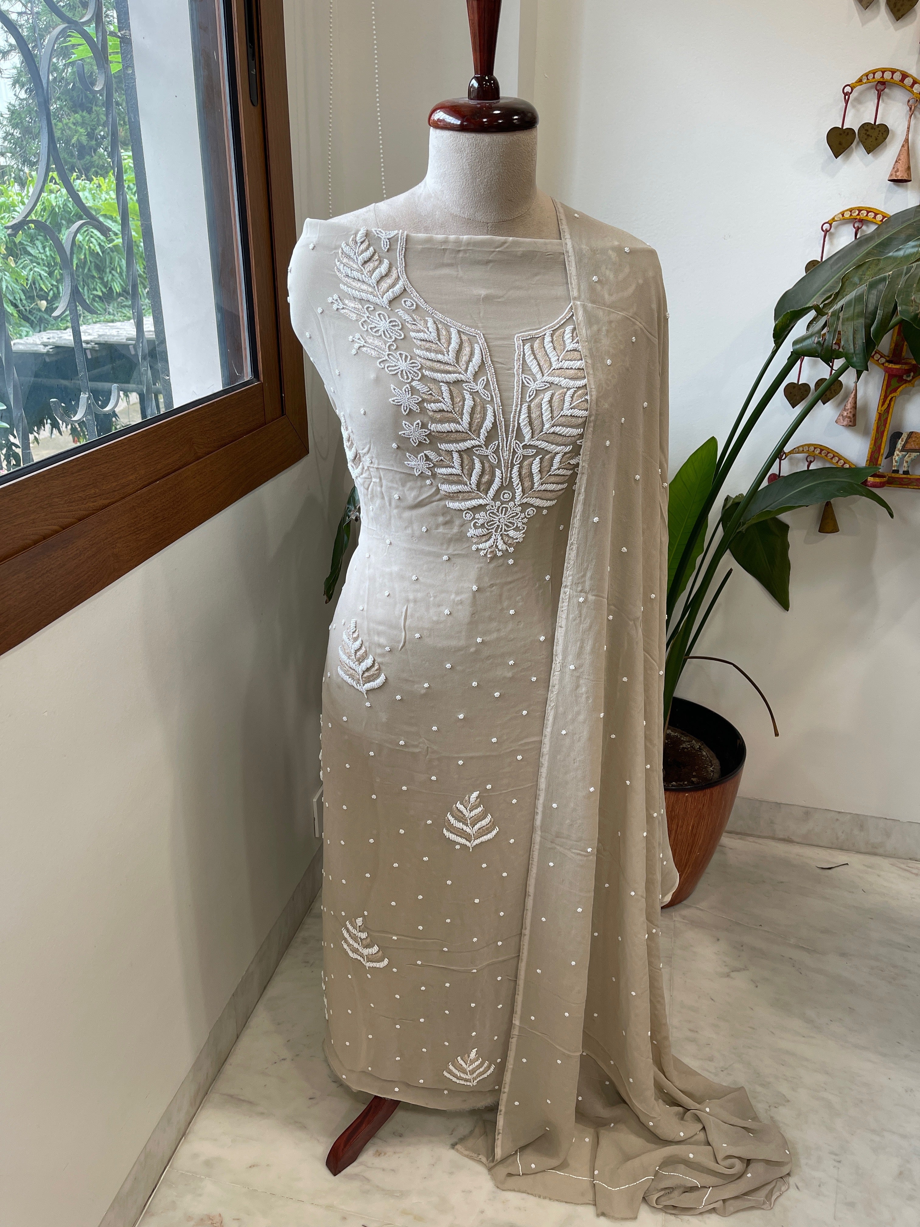 Peachish Gold Suit Set with Pearl and Thread Handwork in Georgette - Masakalee