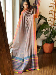 Peachish Grey Handwoven Bhujodi Dupatta with Mirror & Thread Handwork in Cotton - Masakalee