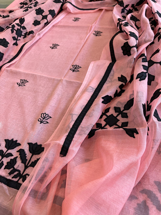 Peachish Pink Applique Suit Set in Mul Chanderi - Masakalee