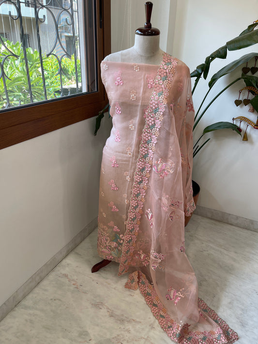 Peachish Pink Dupatta Set (Kurta+Dupatta) with Thread Embroidery in Pure Organza - Masakalee