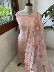 Peachish Pink Dupatta Set (Kurta+Dupatta) with Thread Embroidery in Pure Organza - Masakalee