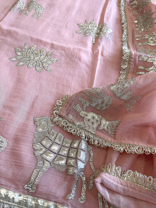Peachish Pink Gota Applique Suit Set in Pure Mul Chanderi - Masakalee