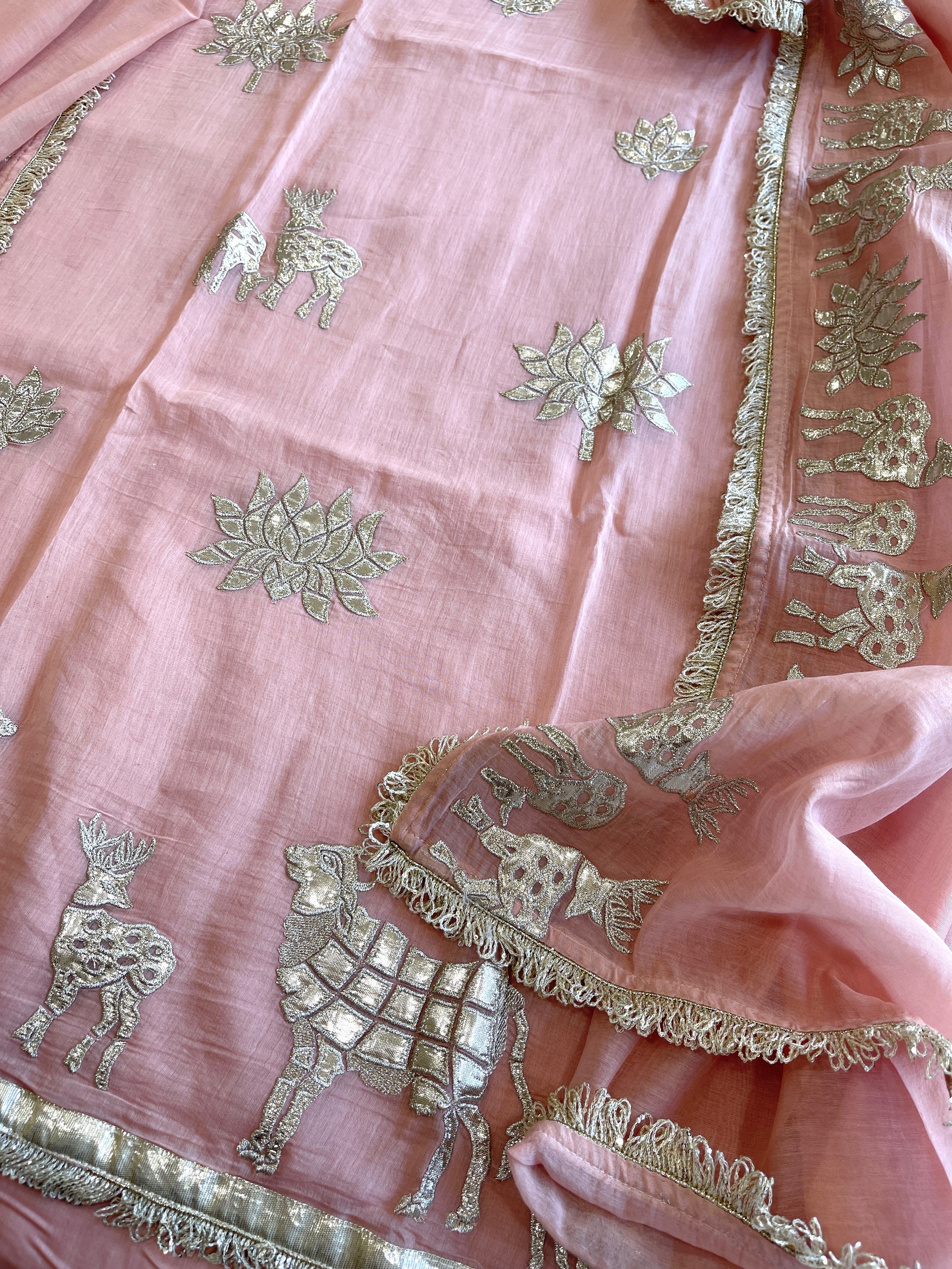 Peachish Pink Gota Applique Suit Set in Pure Mul Chanderi - Masakalee