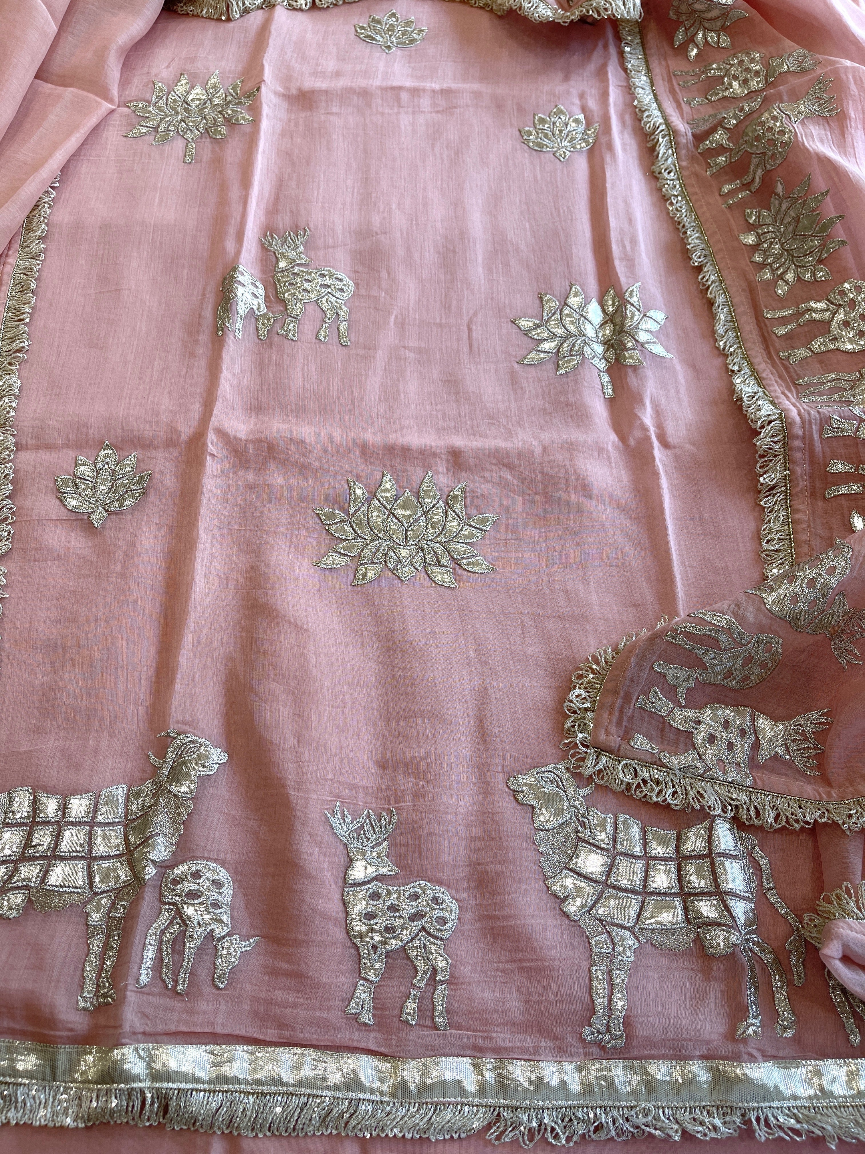 Peachish Pink Gota Applique Suit Set in Pure Mul Chanderi - Masakalee