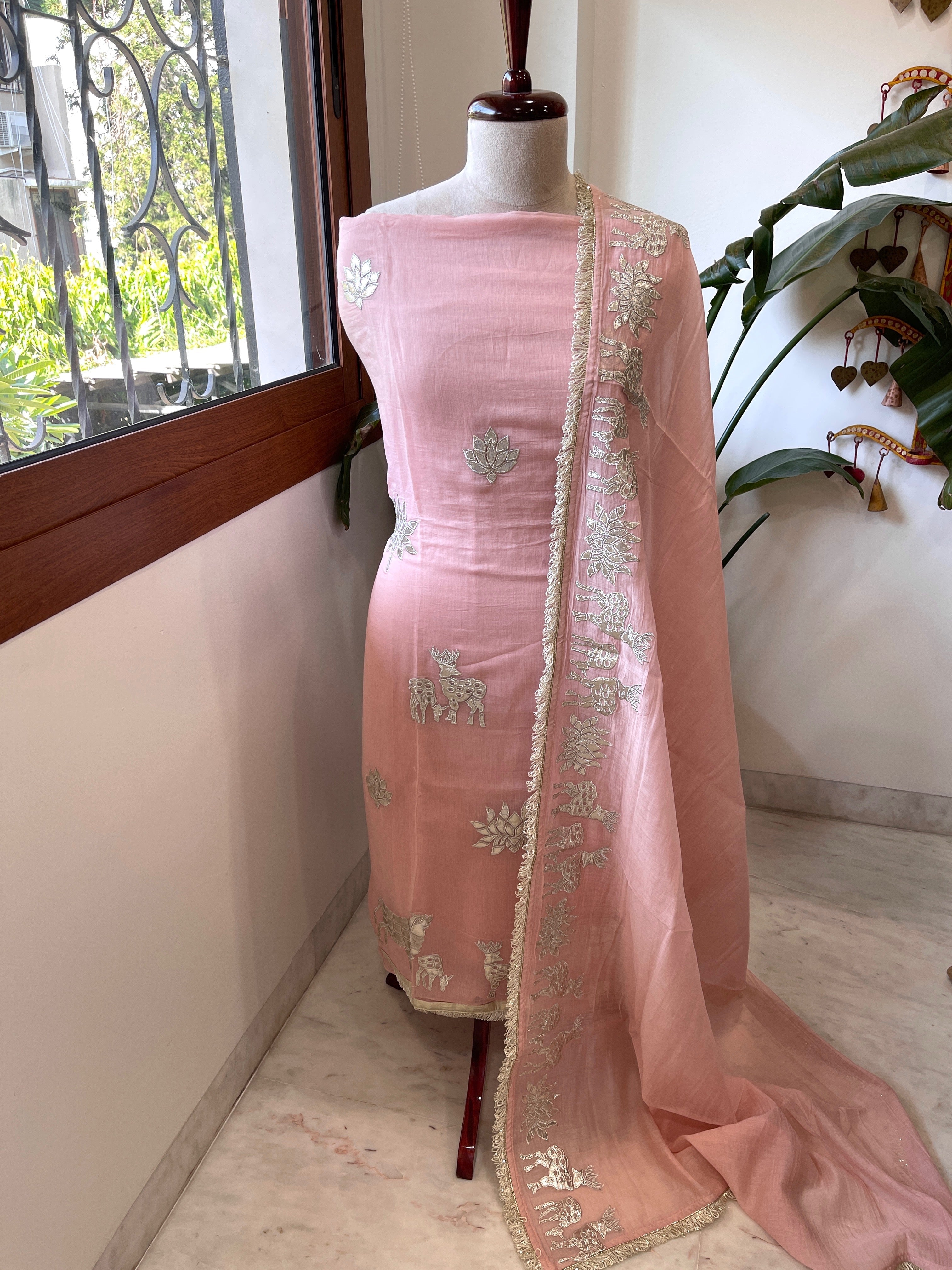Peachish Pink Gota Applique Suit Set in Pure Mul Chanderi - Masakalee