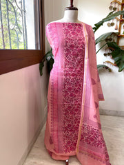 Peachish Pink Handblock Printed Suit Set in Mul Cotton - Masakalee