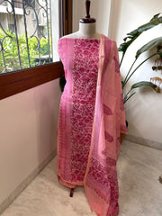 Peachish Pink Handblock Printed Suit Set in Mul Cotton - Masakalee
