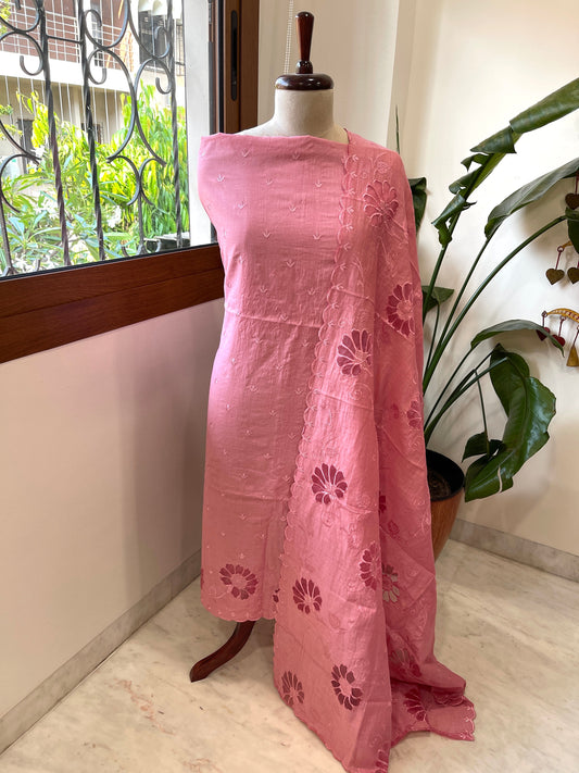 Peachish Pink Mul Chanderi Suit Set with Cut Work - Masakalee