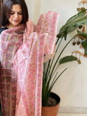 Peachish Pink Mul Cotton Handblock Printed Dupatta - Masakalee