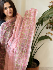 Peachish Pink Mul Cotton Handblock Printed Dupatta - Masakalee