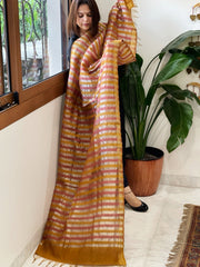Peachish Pink, Mustard Handwoven Chanderi Tissue Dupatta - Masakalee