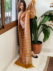 Peachish Pink, Mustard Handwoven Chanderi Tissue Dupatta - Masakalee