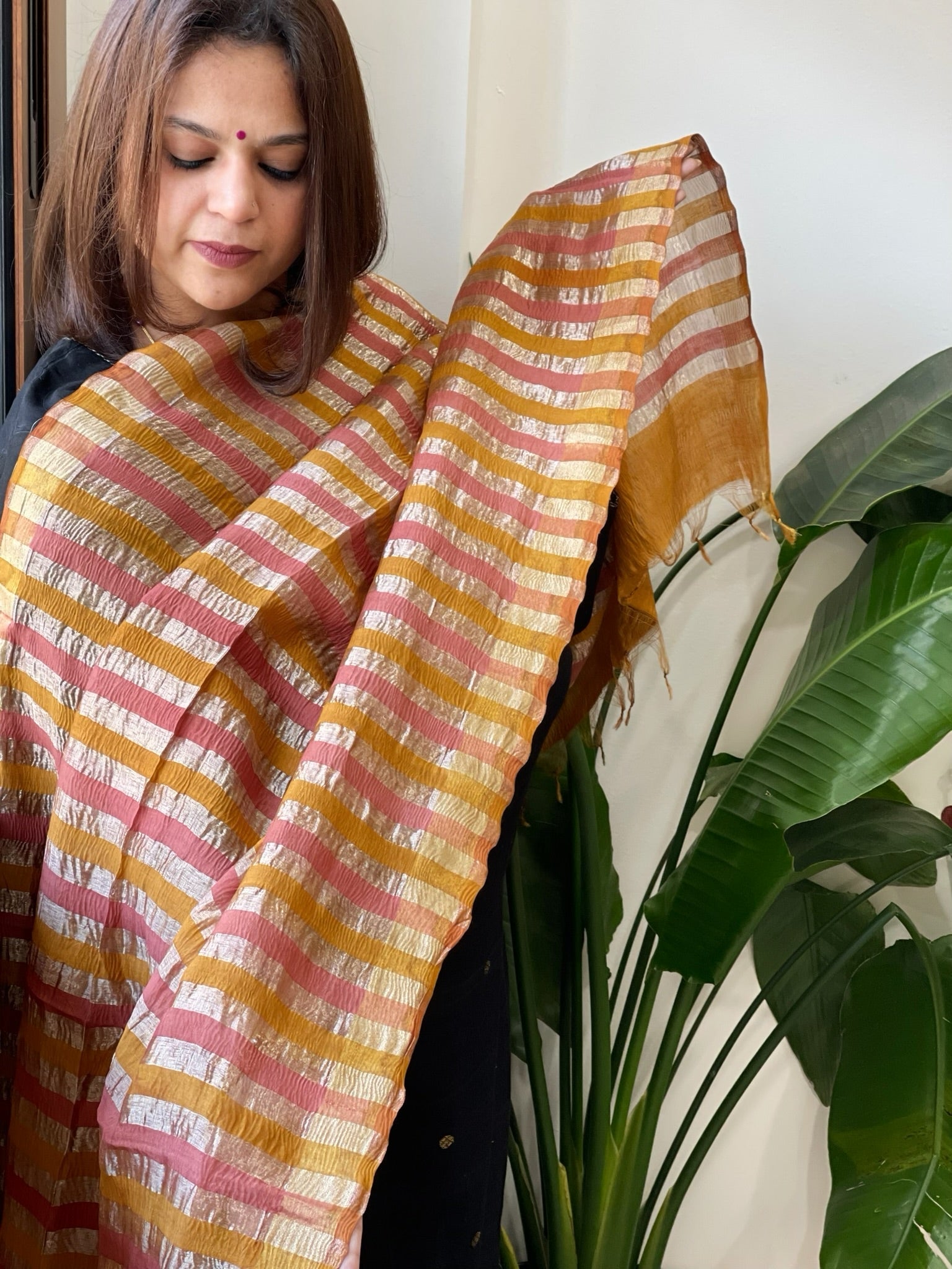 Peachish Pink, Mustard Handwoven Chanderi Tissue Dupatta - Masakalee